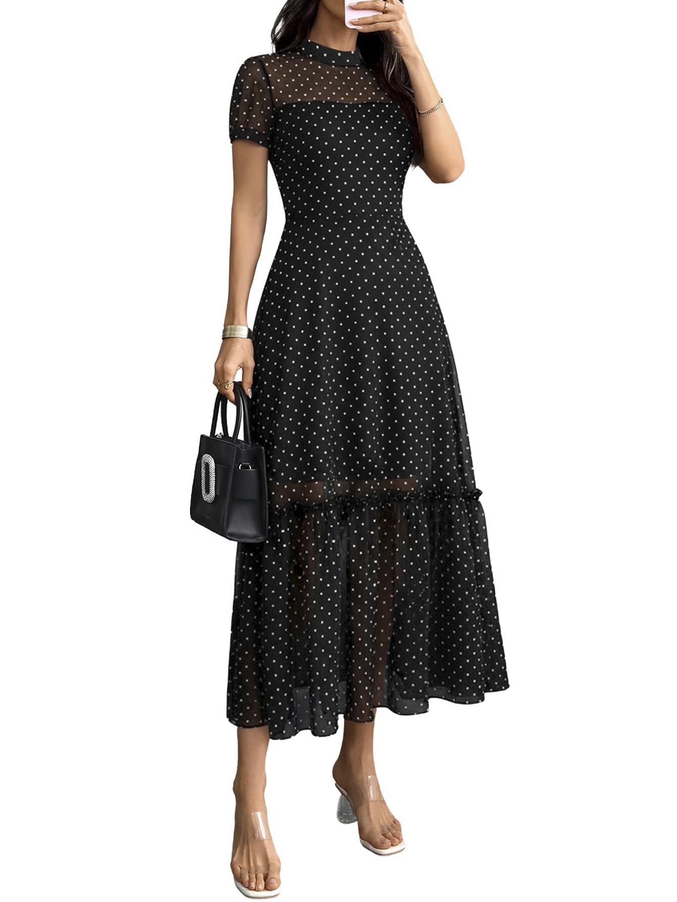 GothDark Women's Summer Floral Mesh Ruffle Dress Short Sleeve Round Neck Waist Cinched Casual Maxi Wedding Guest Dresses Polka Dot
