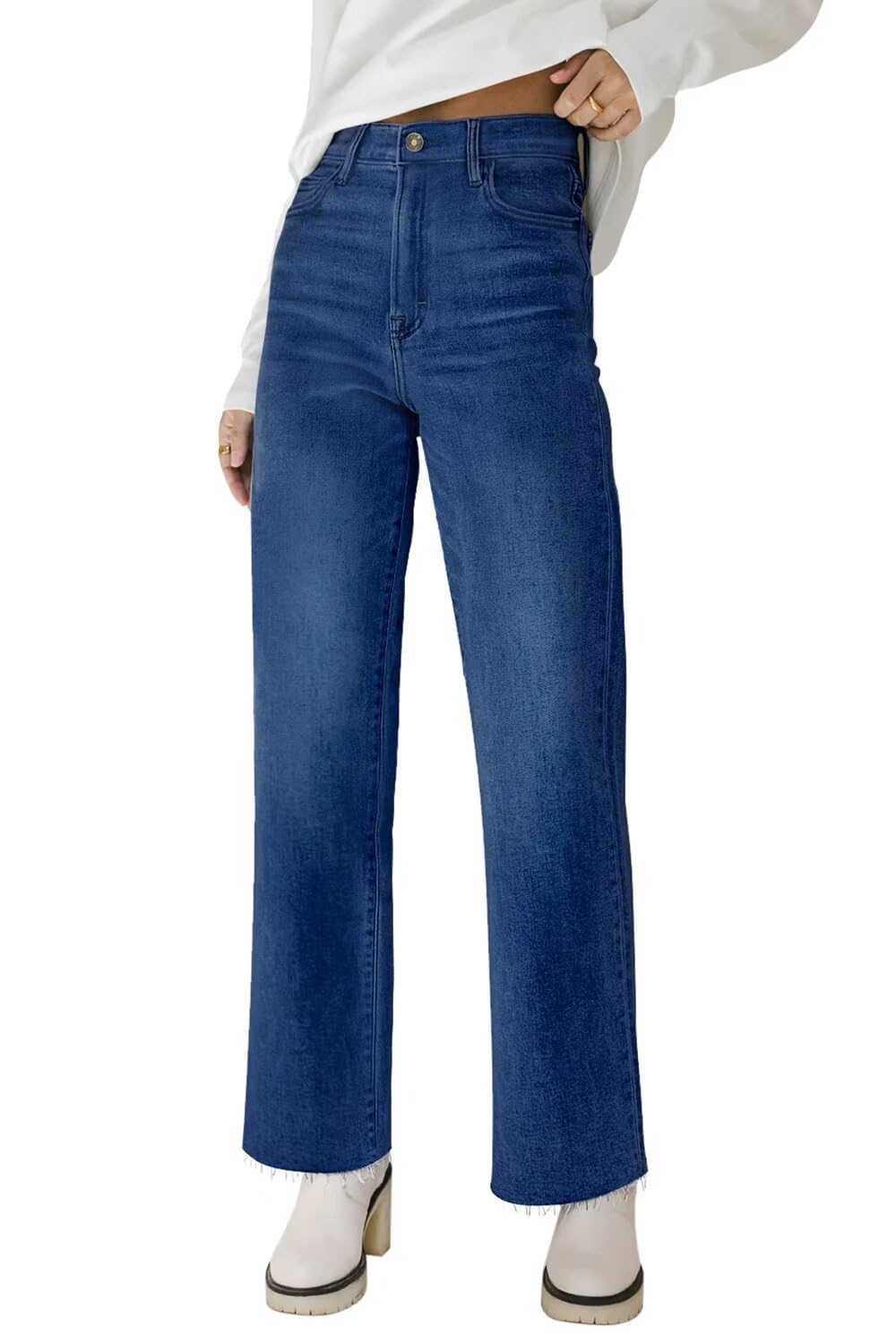KDF Straight Leg Jeans for Women High Waisted Jeans Frayed Baggy Pants Raw Hem Loose Stretchy Cropped Wide Leg Jeans Dark Blue Size 2