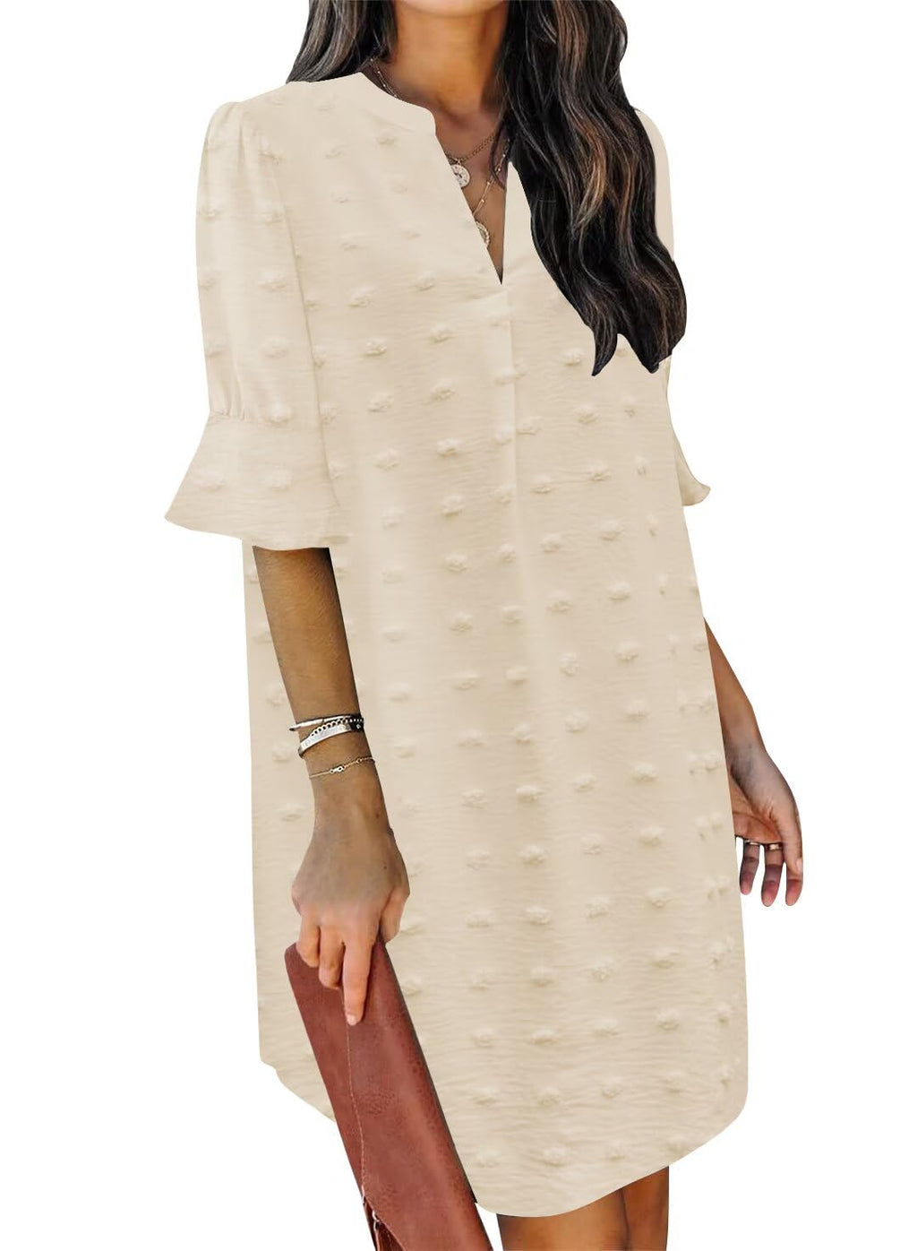 QACOHU Women's 2026 Spring Summer Casual Dress Short Sleeve V-Neck Midi Dress Ruffle Spring Summer Chiffon Dress Beige L