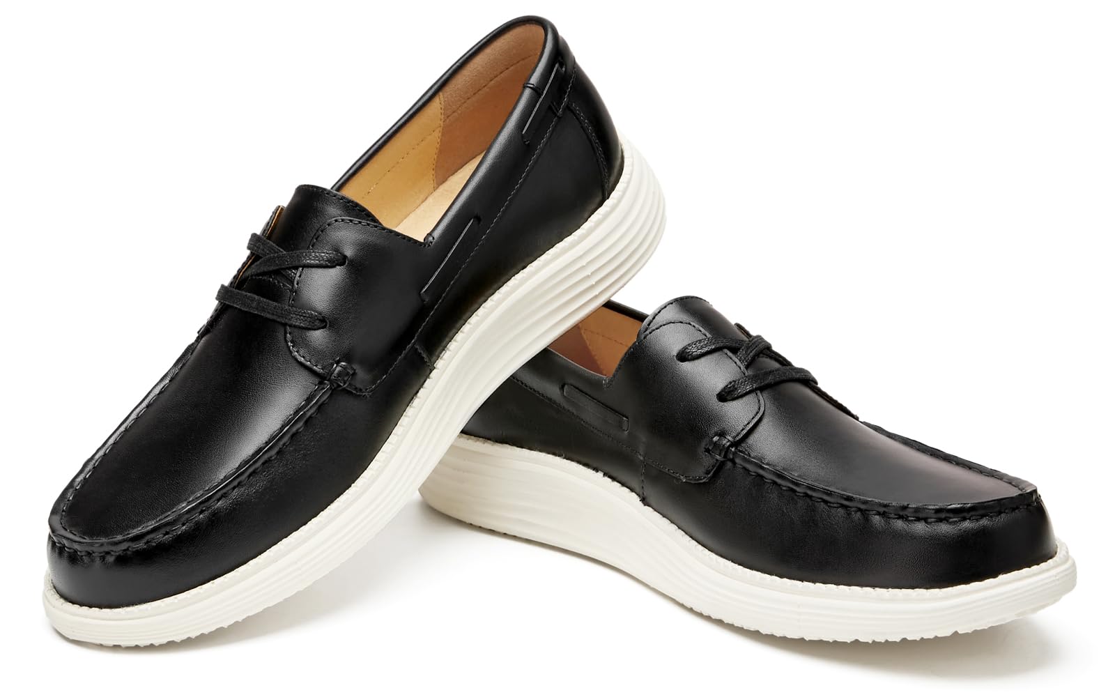 Journey West Men's Lightweight Leather Boat Loafers Dress Sneakers, Business Casual Slip-on Loafers Shoes, Genuine Leather Breathable Walking Shoes Black US 10