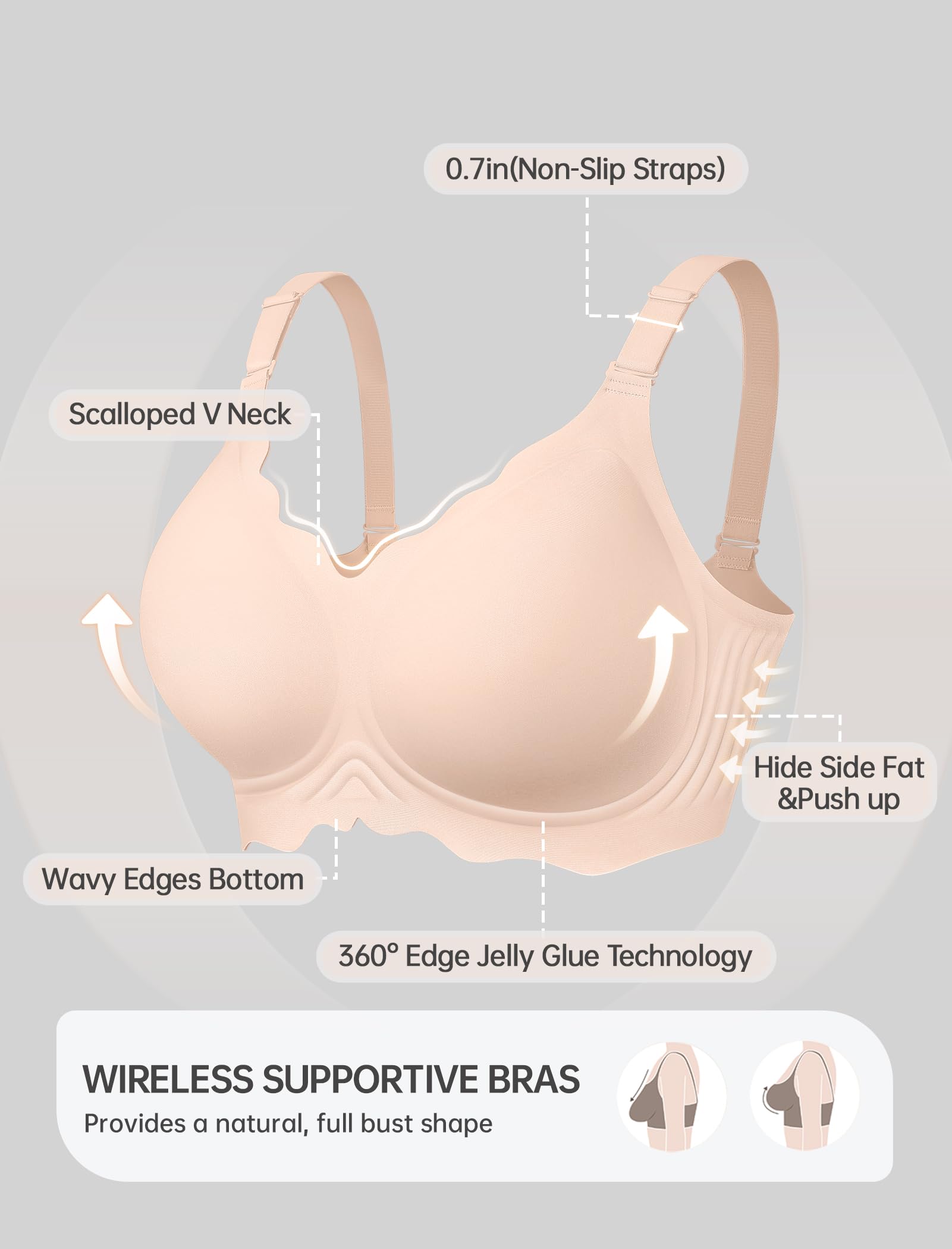 OEAK Women Jelly Bras No Underwire Scalloped Push Up Buttery Soft Tshirt Bra Seamless Full Coverage Convertible Everyday Bra Nude,L