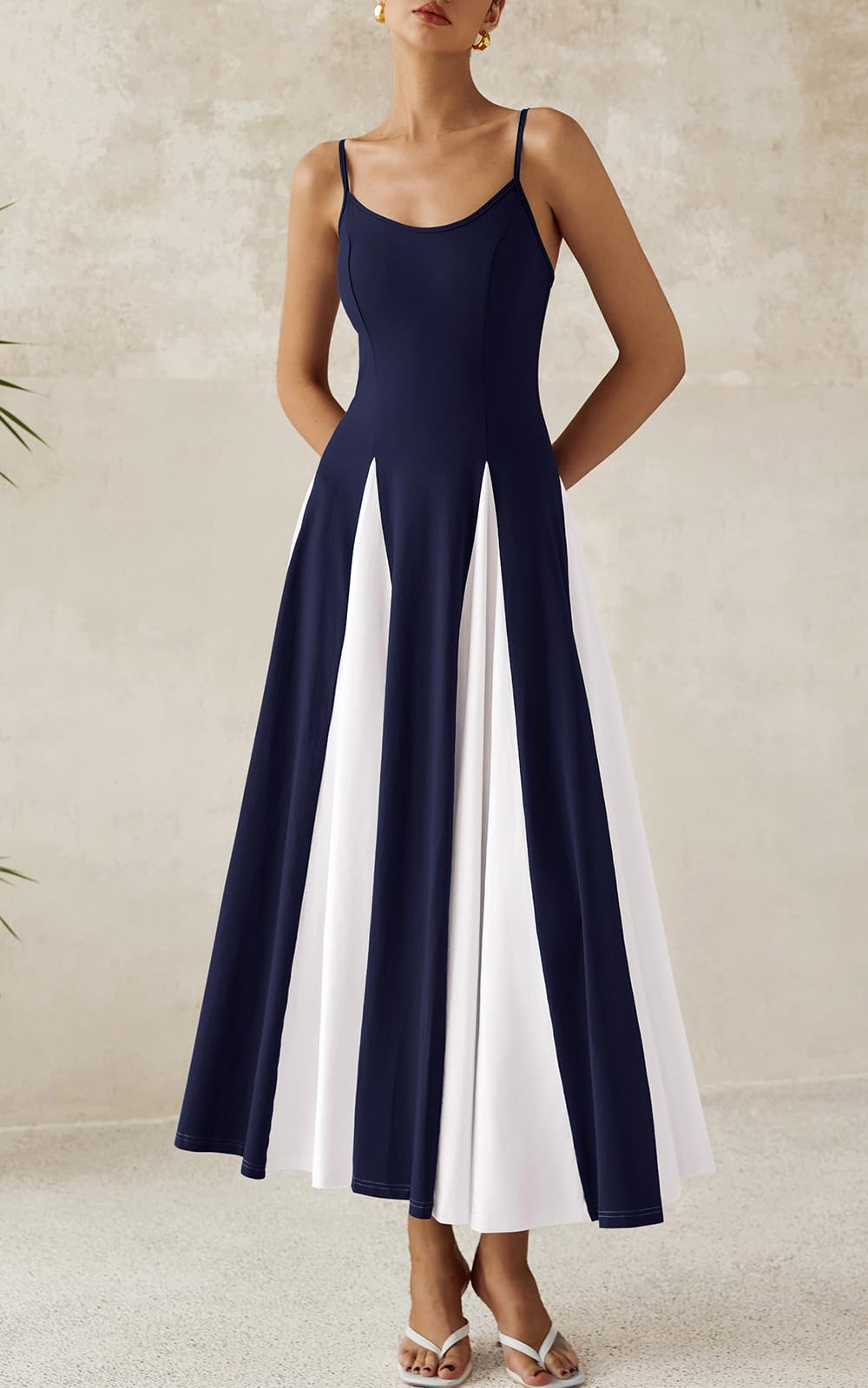 PRETTYGARDEN Spaghetti Strap Backless Spring Dresses for Women 2026 Flowy Maxi Dresses Sleeveless Wedding Guest Dress Navy White, Small