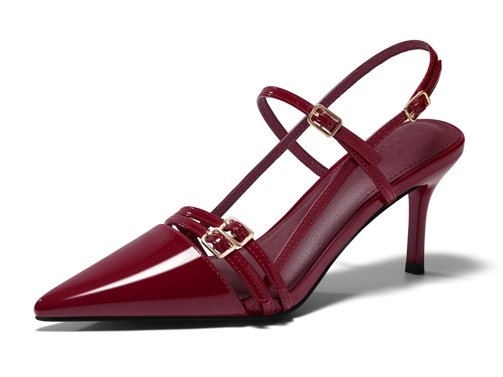 Coutgo Womens Slingback High Heels Strappy Closed Pointed Toe Pumps Ankle Strap Dress Shoes, Burgundy, Size 8
