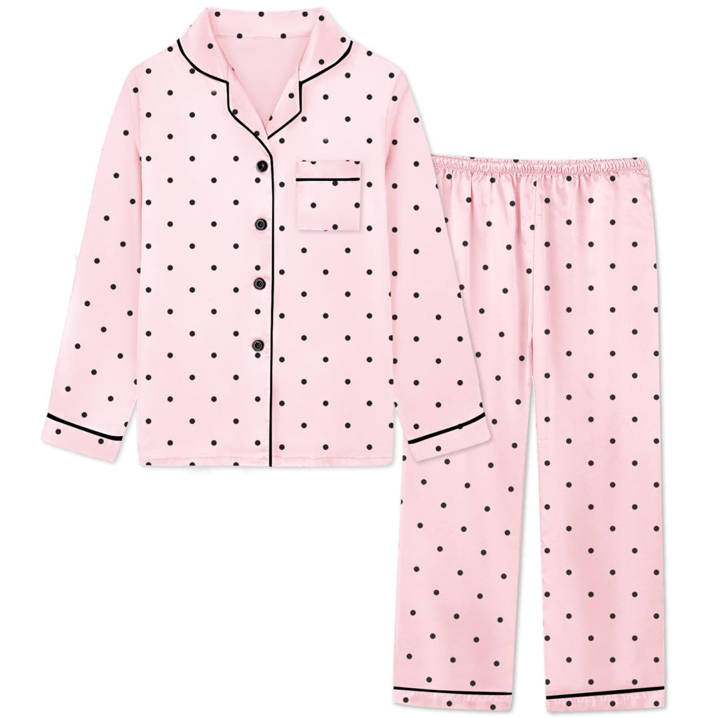 Schbbbta Silk Satin Pajamas for Girls Womens Loungewear Two-Piece Sleepwear Button-Down Pj Set, T - Pink Polka Dots, 5-6 Years = Tag 130