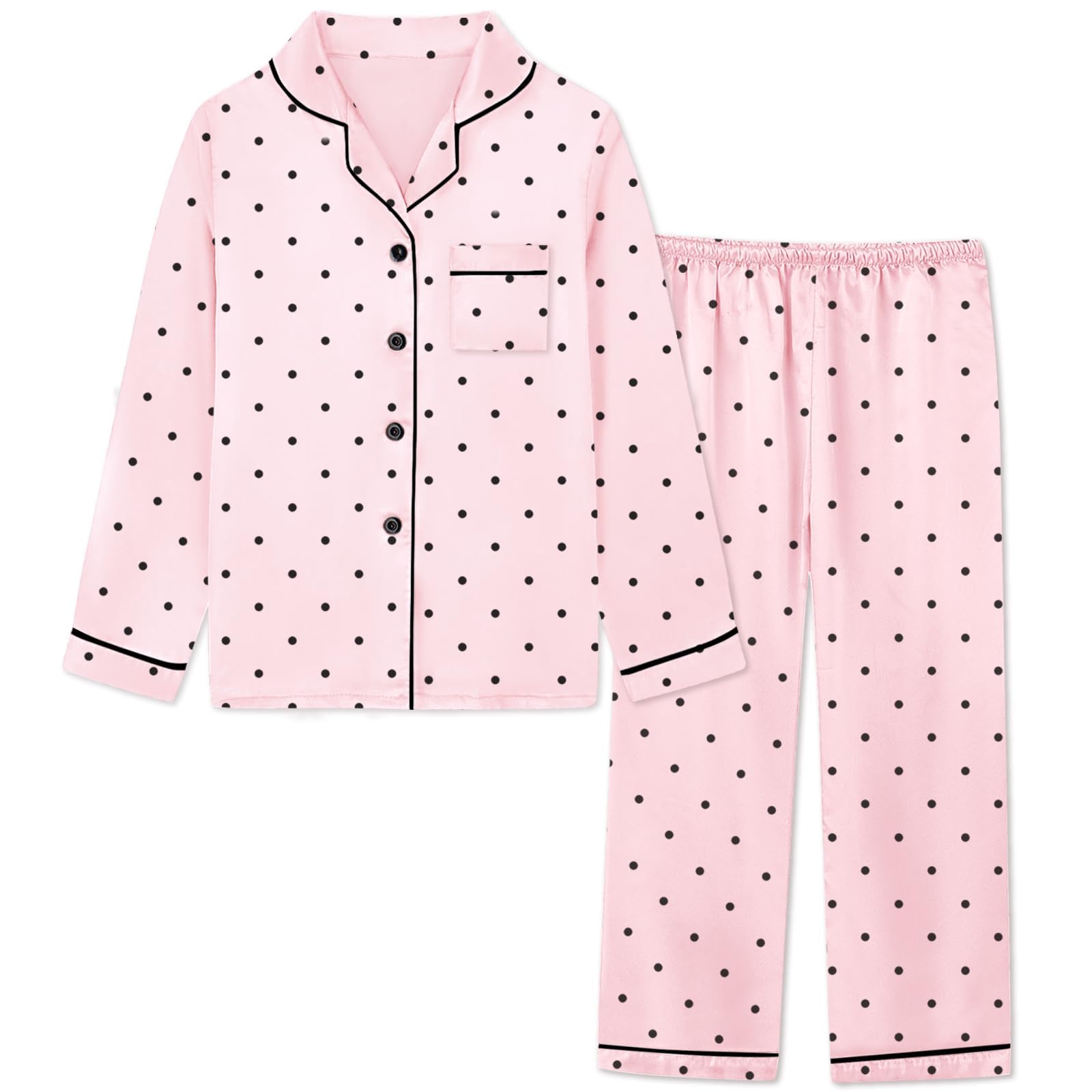 Schbbbta Silk Satin Pajamas for Girls Womens Loungewear Two-Piece Sleepwear Button-Down Pj Set, T - Pink Polka Dots, 5-6 Years = Tag 130