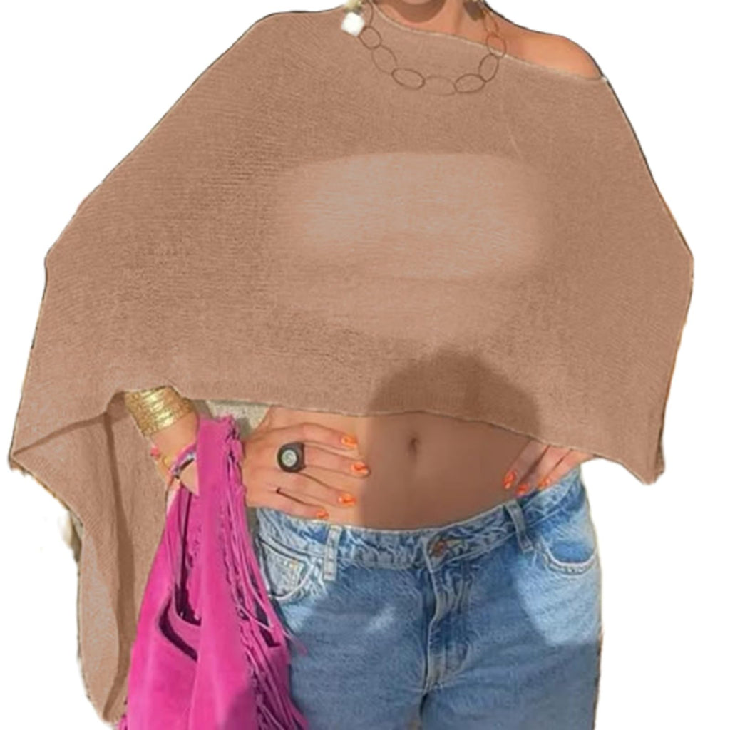 Women Sheer Poncho Top Lightweight Knit Crochet Shrug Bolero Mesh Batwing Sleeve Sweater Cover Up Beachwear