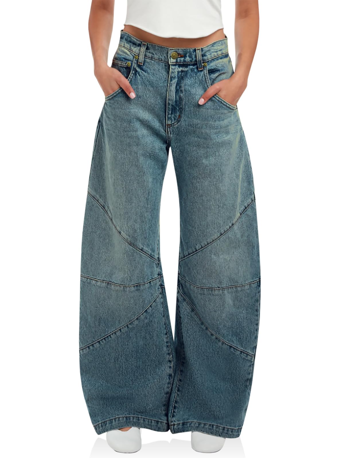 PLNOTME Womens High Waisted Barrel Jeans Casual Loose Boyfriend Wid Leg Denim Pants Wash Blue