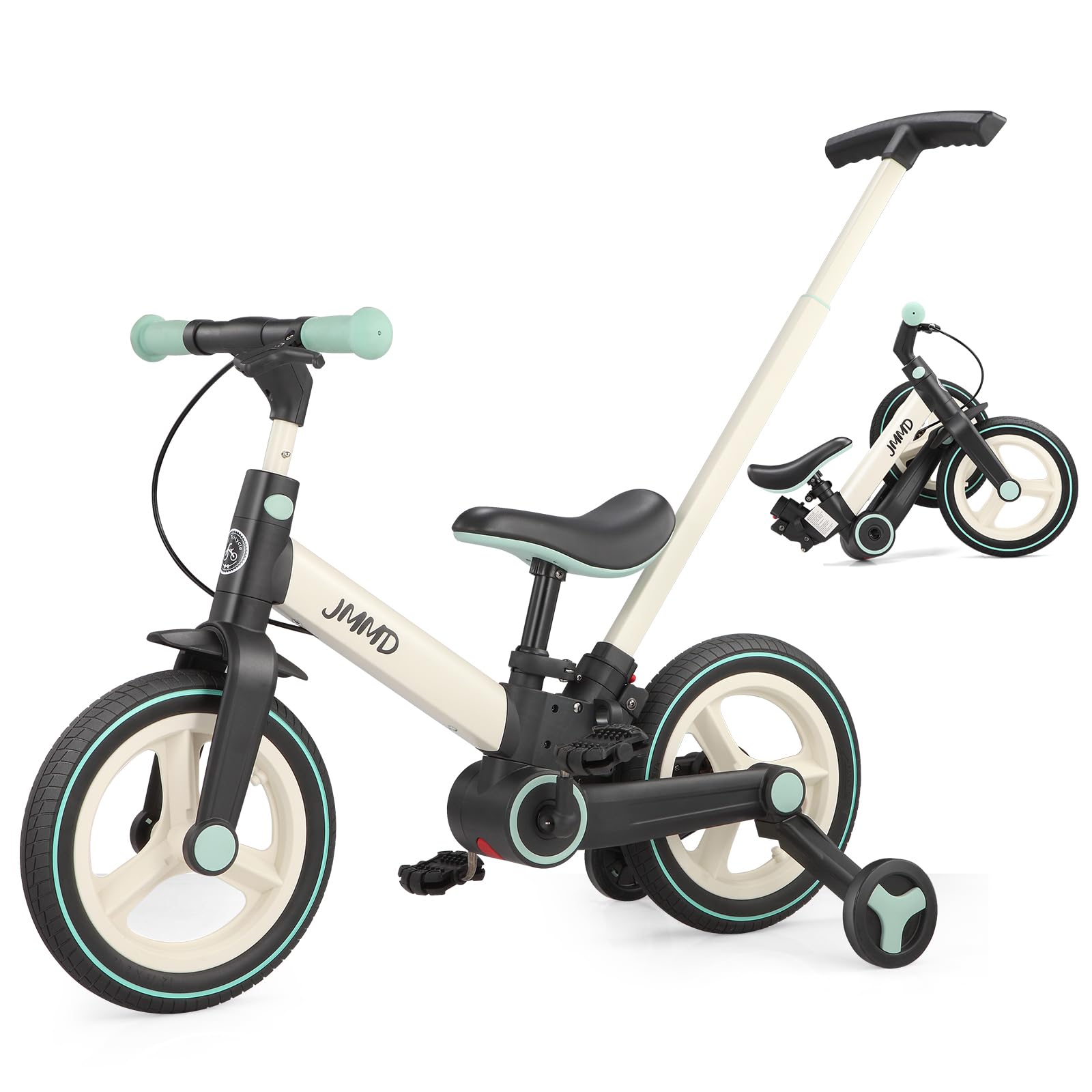 JMMD 6 in 1 Toddler Bike with Push Handle for Kids 18-60 Months, 12" Foldable Balance Bike with Training Wheels, Pedals, Brakes, Kickstand, Push Tricycle Toddler Gift & Toys for Boy & Girl