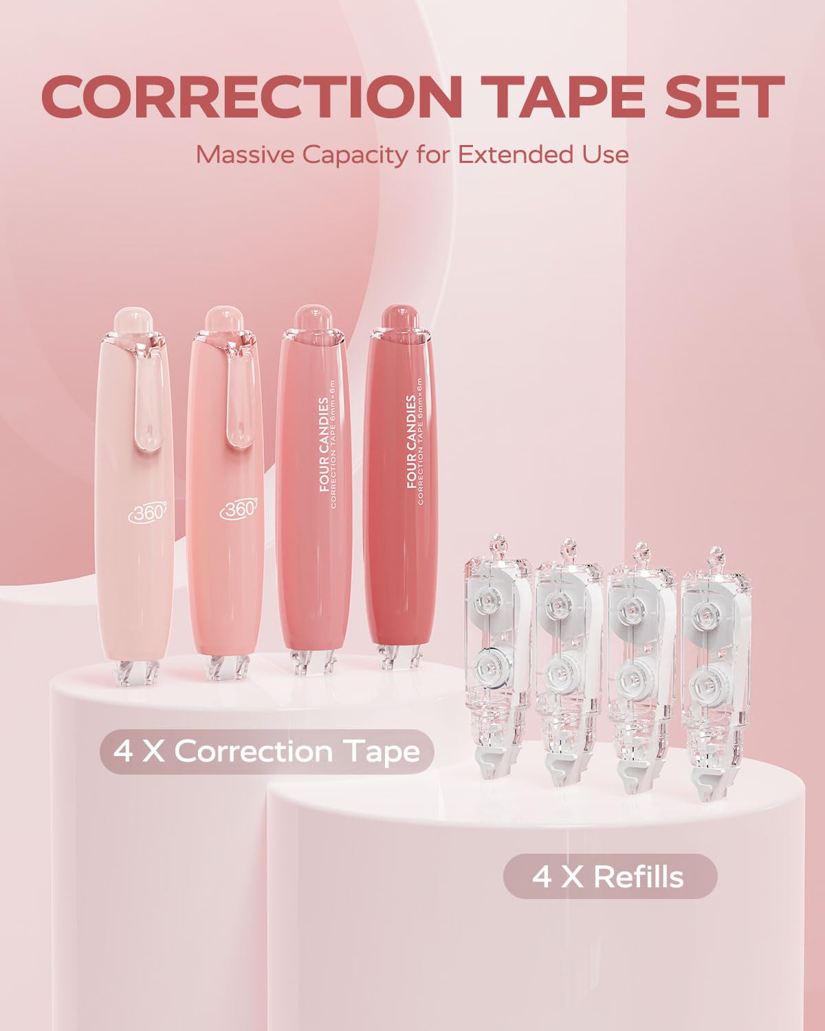 Four Candies Refillable Retractable White Correction Tape, 4PCS Smooth White Pull-Out Tape with 4 Extra Refills, Easy to Use Applicator for Instant Corrections for Office, School Supplies (Pink)