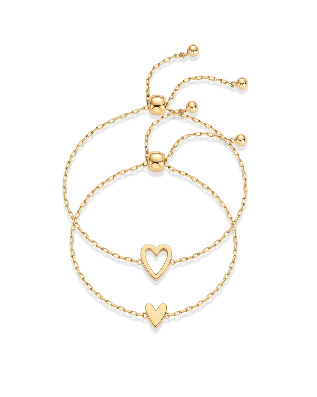 PAVOI 14K Yellow Gold Plated Matching Heart Charms Solitaire Bracelet Set for Women | Adjustable Valentines Day Love Friendship Two Bracelet Pack