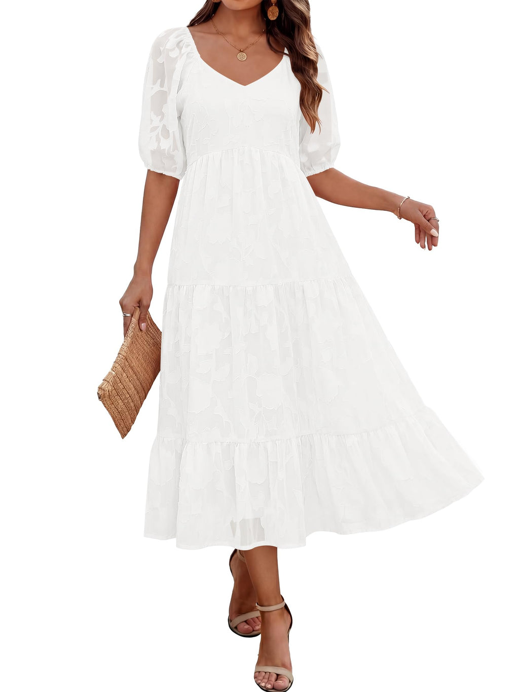 Caracilia Women's 2026 Summer Casual Maxi Dresses Short Puff Sleeve V Neck A Line Floral Flowy Boho Wedding Guest Party Dress White Medium