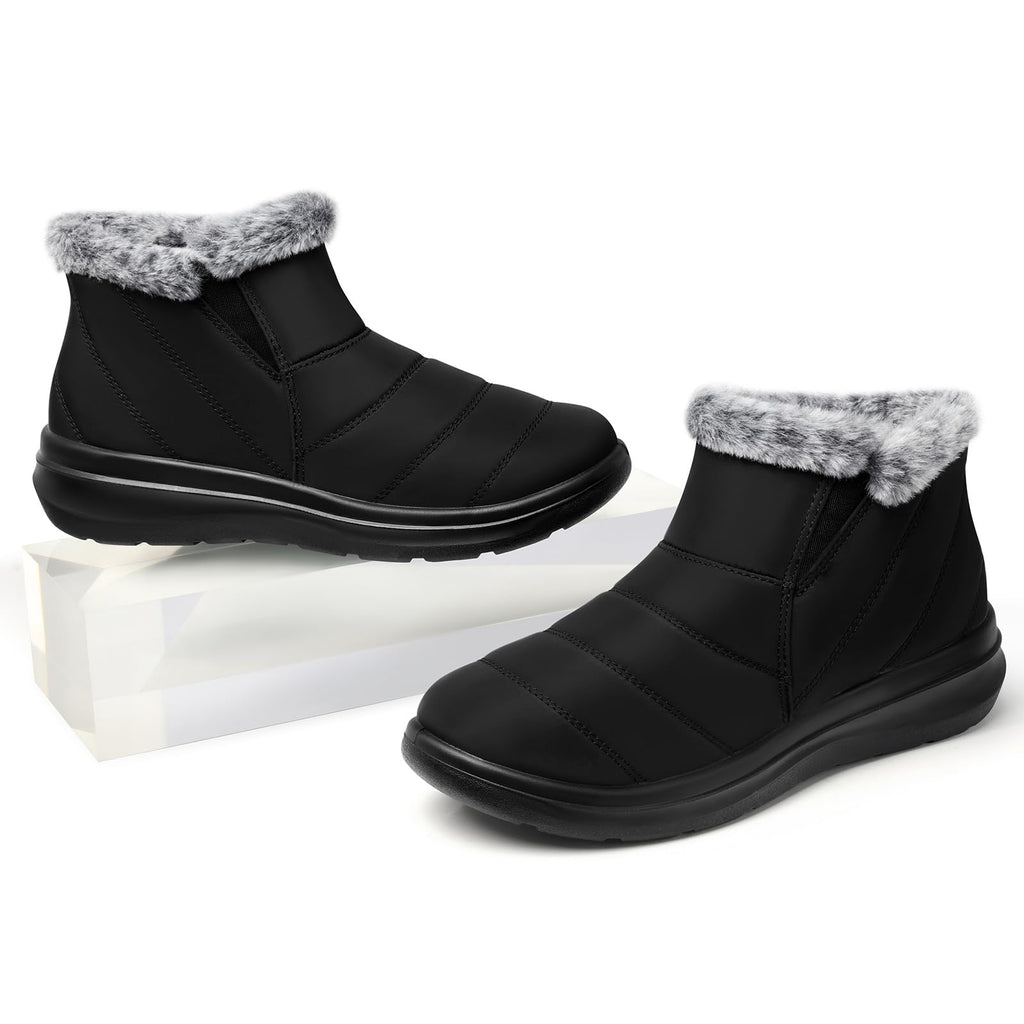 SHIBEVER Winter Waterproof Boots for Women: Snow Women Ankle Black Fur Lined Shoes Size 8 Slip On Warm Insulated Boot