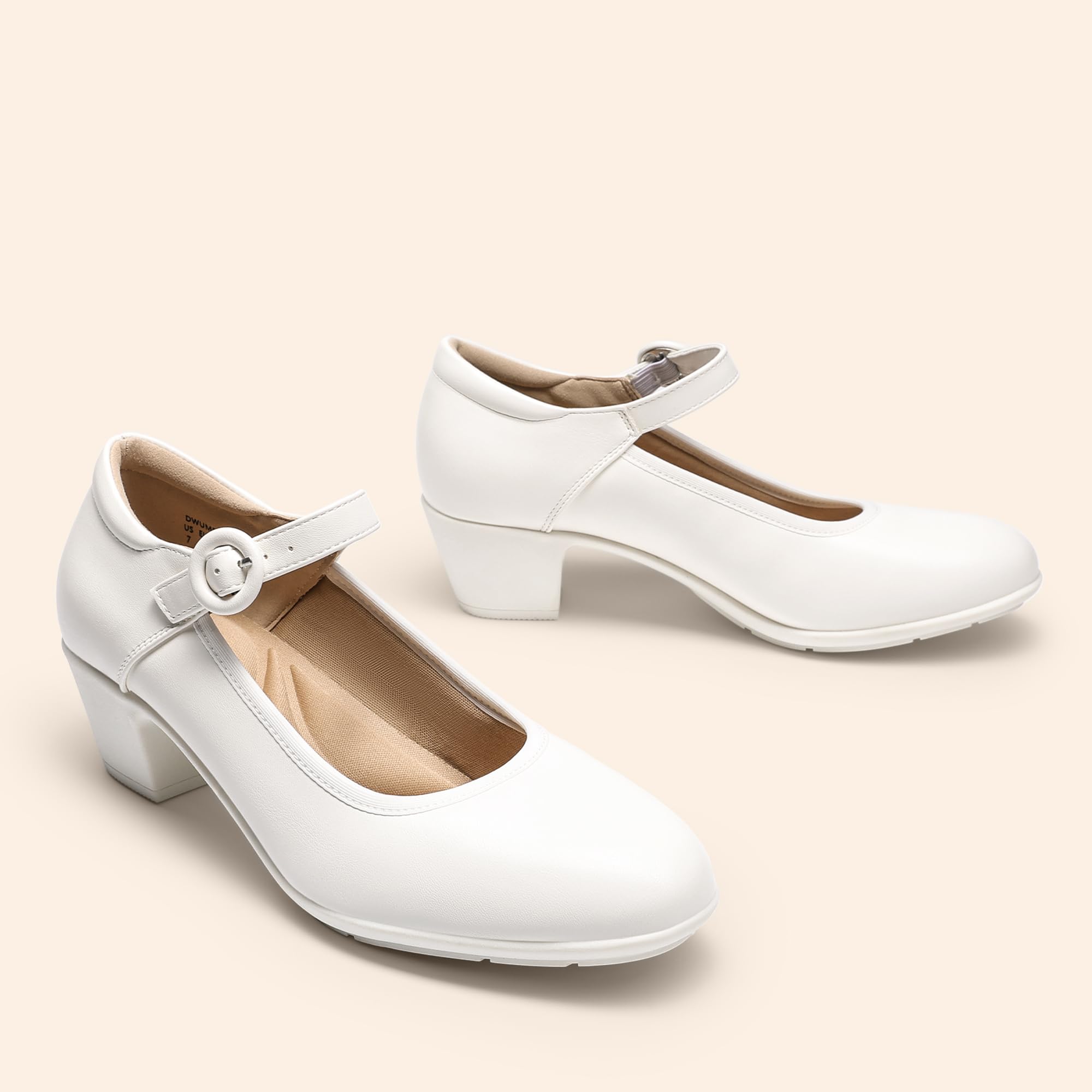 DREAM PAIRS Mary Jane Shoes Women Low Chunky Heels Closed Toe Pumps Comfortable Work Business Dress Shoes,Size 7.5,White,DWUMPU2549