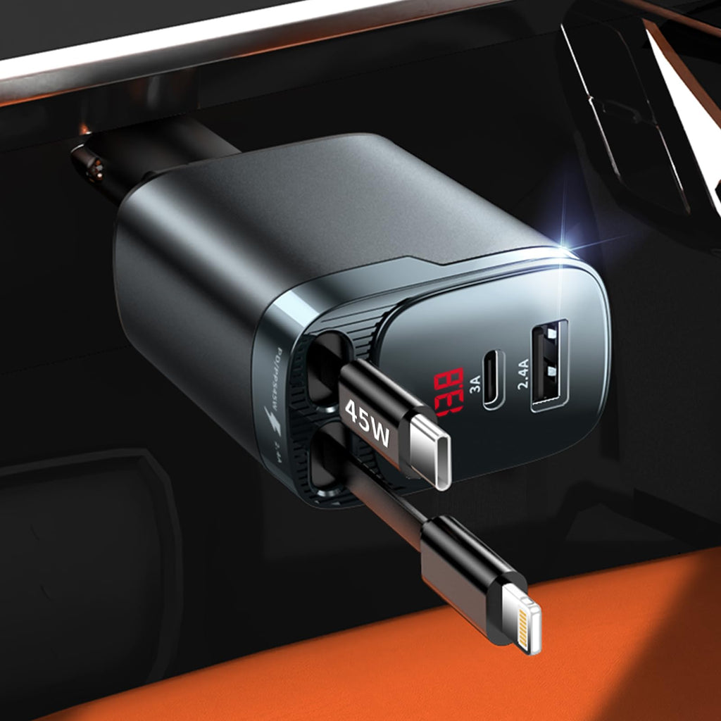 Retractable Car Charger, 84W Car Charger USB C 4 in 1, Car Accessories Fast Charging Car Charger Adapter for iPhone 17 16 15 14 13 12 Pro Max, Samsung, Pixel | Travel Essentials Gifts for Men Women