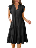 ANRABESS Womens Summer Dress Ruffle Sleeve V Neck Midi Dresses Fashion Casual Fit Flowy Tiered Boho Beach Vacation Sundress Black-M