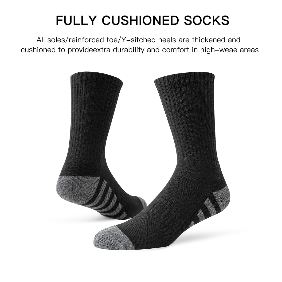 JOYNÉE 8 Pairs Mens Crew Work Cushion Socks Long Athletic Running Socks Workout Breathable Socks,Black,Sock Size:10-13