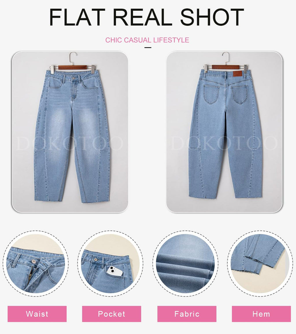 Dokotoo Women's Fashion Barrel Jeans Baggy Wide Leg Jeans Woman Casual Loose Solid Stretchy High Waisted Denim Pants with Pockets Lightweight Cotton Raw Edge Hem Button Closure Trousers Blue Size 10