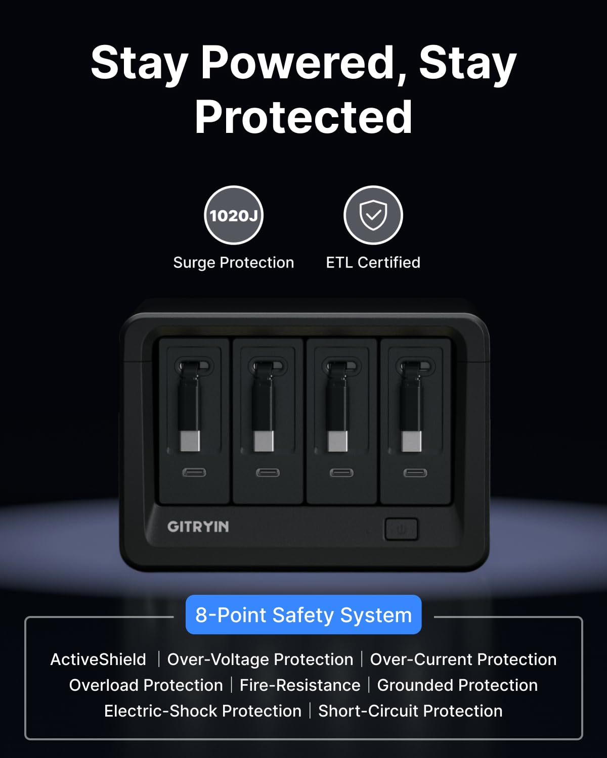 Gitryin 12-in-1 Desktop Charging Station with 4 Retractable Type-C Wall Chargers, 40W USB-C Power Strip with Flat Plug, Extension Cord with 1020J Surge Protection for Home Office