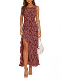 MEROKEETY Women's Summer Floral Ruffle Maxi Dress High Slit Sleeveless Bodycon Formal Cocktail Wedding Guest Prom Dresses, WineRed, Medium