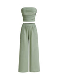 WDIRARA Women's 2 Piece Set Ruched Strapless Tube Top Wide Leg Pants Outfits Green Small