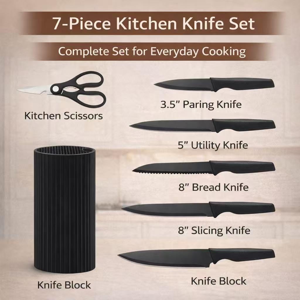 Small Knife Block Set, Modern Kitchen Knife Scissors with Universal Round Holder, Home Apartment New Kitchen Essentials, Space Saving, Dishwasher Safe(Black, 7PCS)