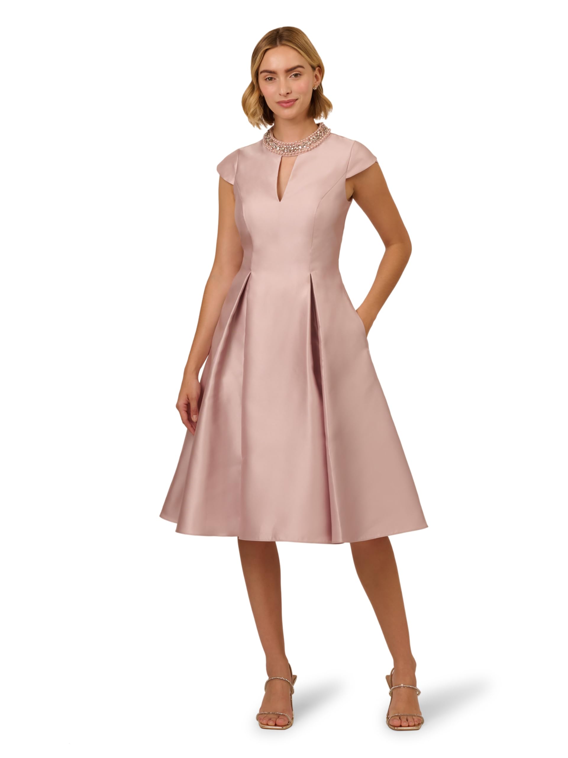 Adrianna Papell Women's Keyhole Mikado Midi Dress | Formal Cocktail Dress with Embellished Collar & Pleated Midi Skirt