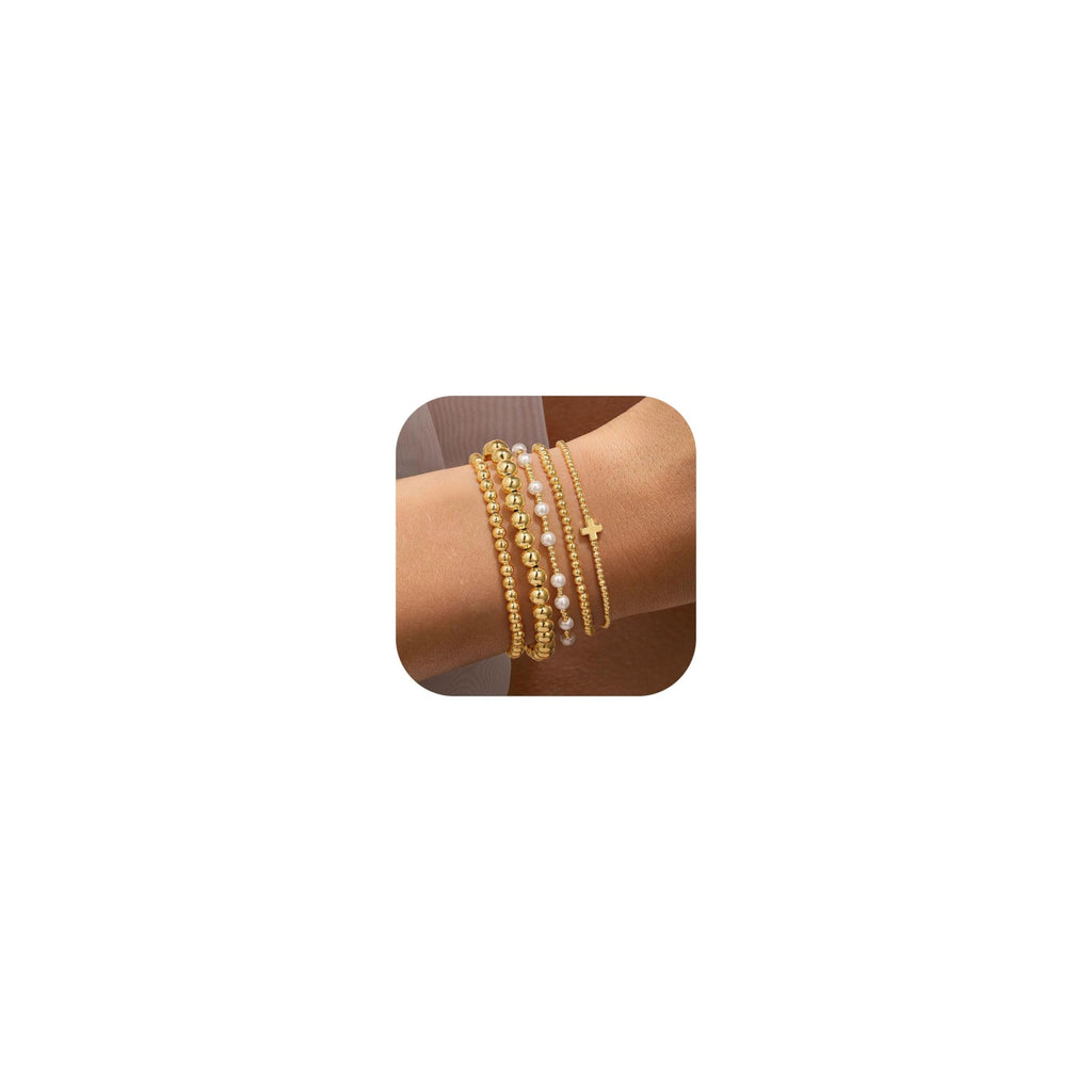 Yoosteel Gold Beaded Bracelets Set for Women - Valentines Gifts for Her Kids 14k Gold-Plated Dainty Round Bead Cross Pearl Bracelet for Women Teenage Girl Gifts Stackable Bracelet Jewelry 5 PCS