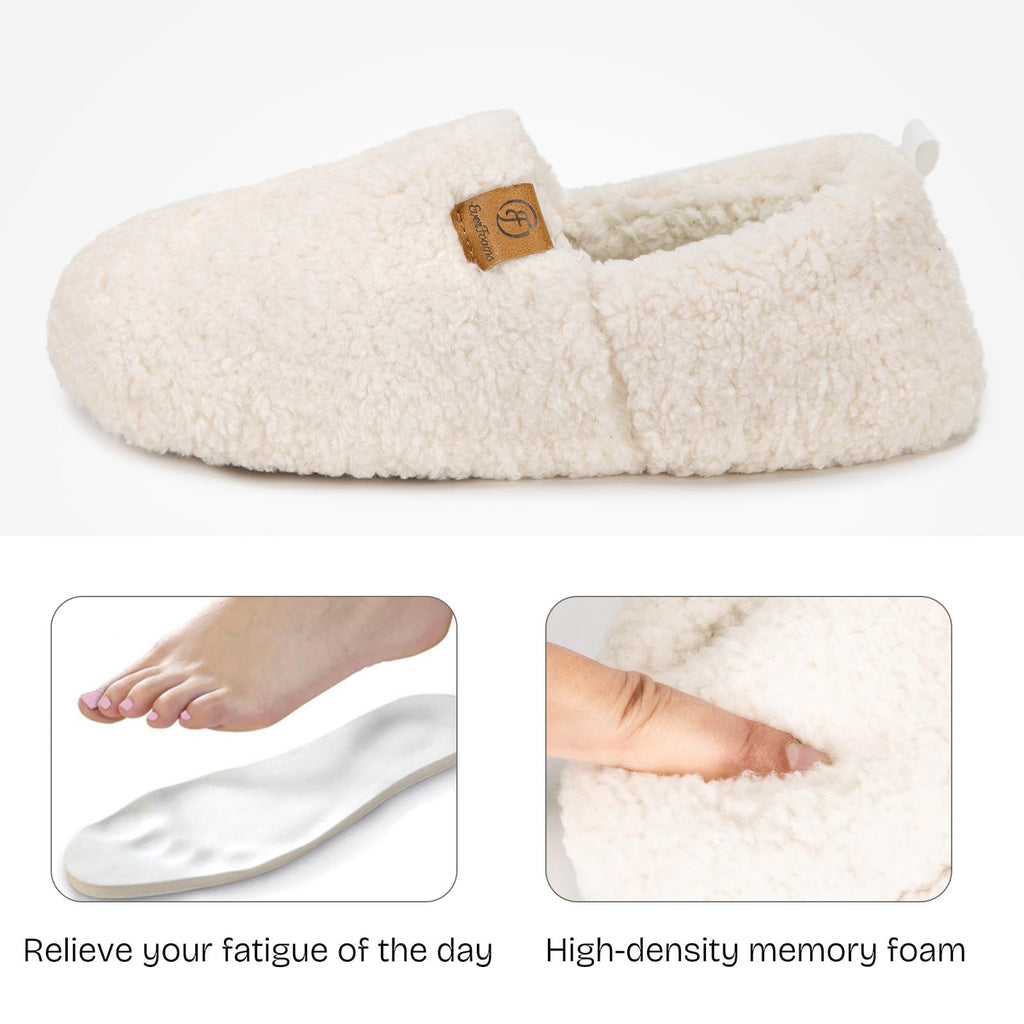 EverFoams Women’s Soft Curly Full Slippers Memory Foam Lightweight House Shoes Cozy Loafer with Polar Fleece Lining Cream White,8.5 US