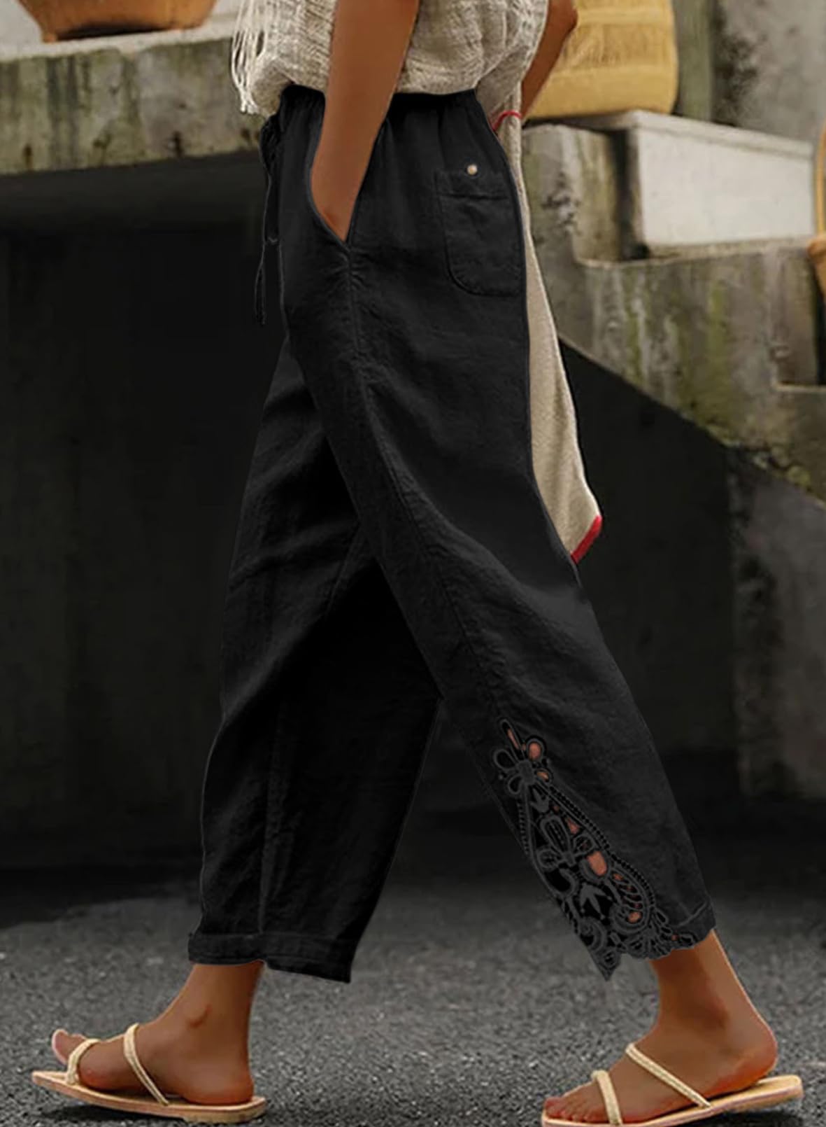 Acelitt Womens Casual Linen Pants Lightweight Drawstring Elastic Waist Fall Capri Pants Trousers Black Medium