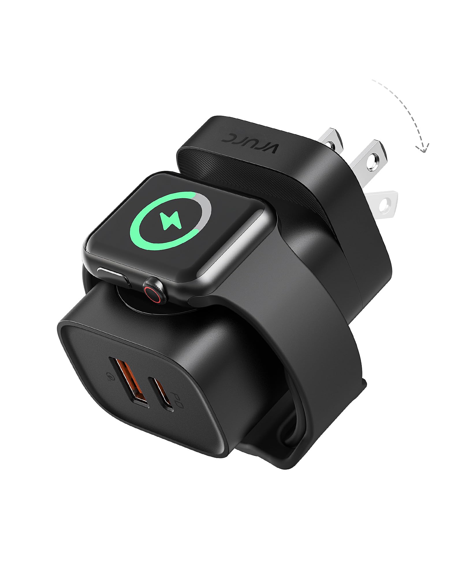VRURC Fast Charger for iPhone, PD 20W USB C Wall Charger Dual Ports, 3-in-1 Foldable Charging Block Built in Magnetic Watch Charger Station for Apple Watch Ultra/10/9/8/7/6/5/4-Black