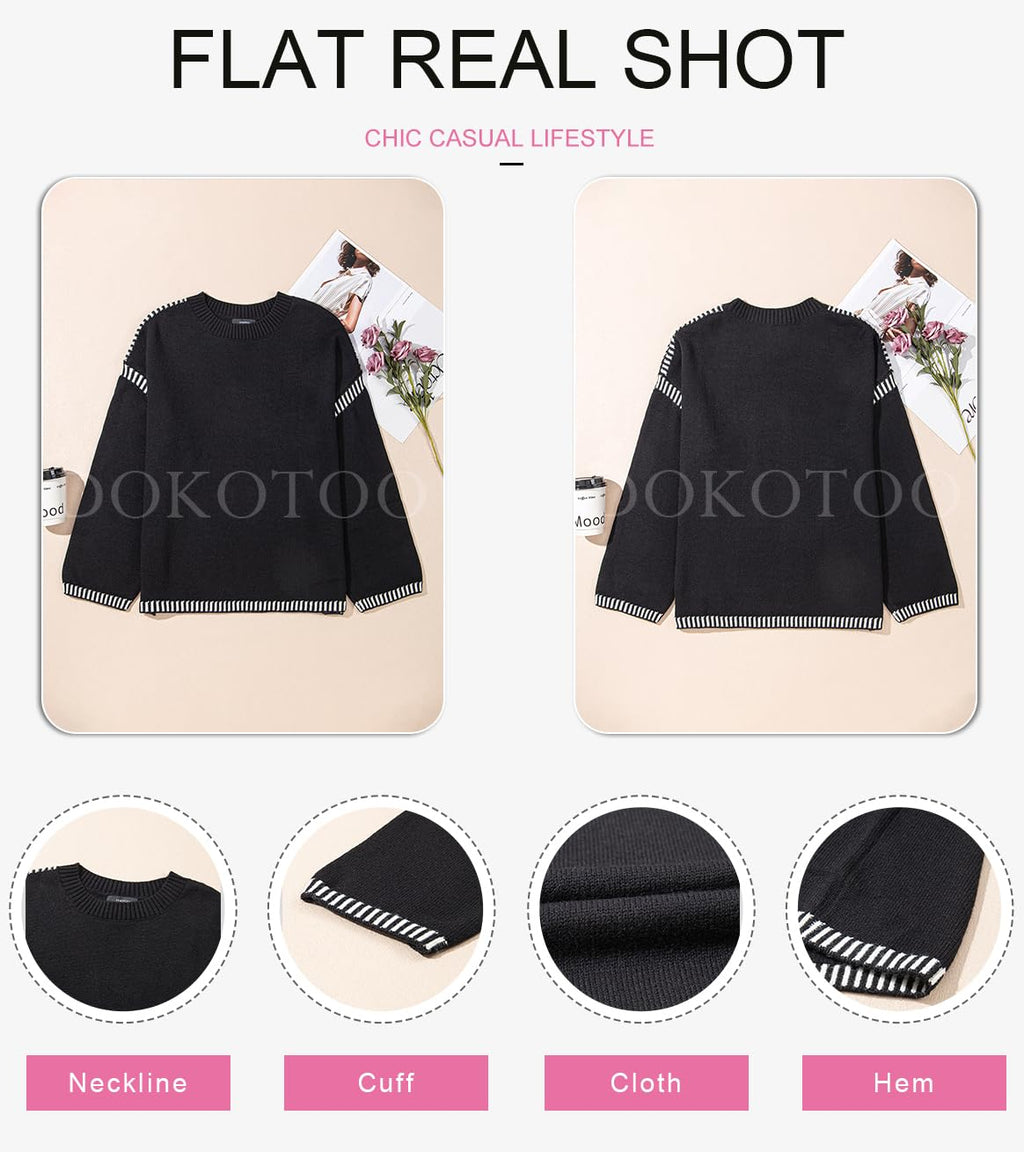 Dokotoo School Outfits for Teachers Early Fall Fashion Crewneck Solid Oversized Sweaters for Women Contrast Ribbed Knit Winter Clothing for Women Soft Long Sleeve Casual Loose Sweater Tops Black XL