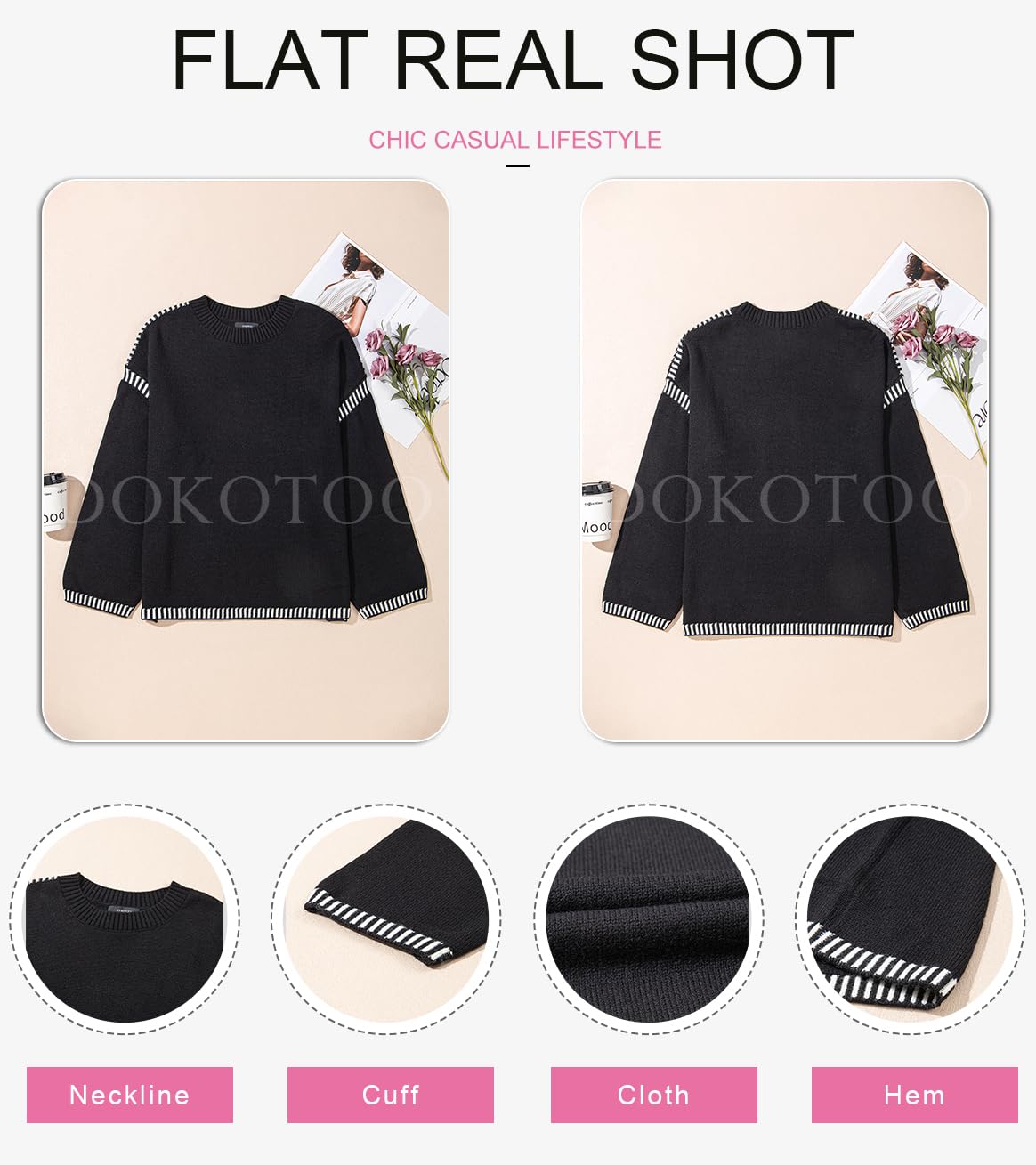 Dokotoo School Outfits for Teachers Early Fall Fashion Crewneck Solid Oversized Sweaters for Women Contrast Ribbed Knit Winter Clothing for Women Soft Long Sleeve Casual Loose Sweater Tops Black XL
