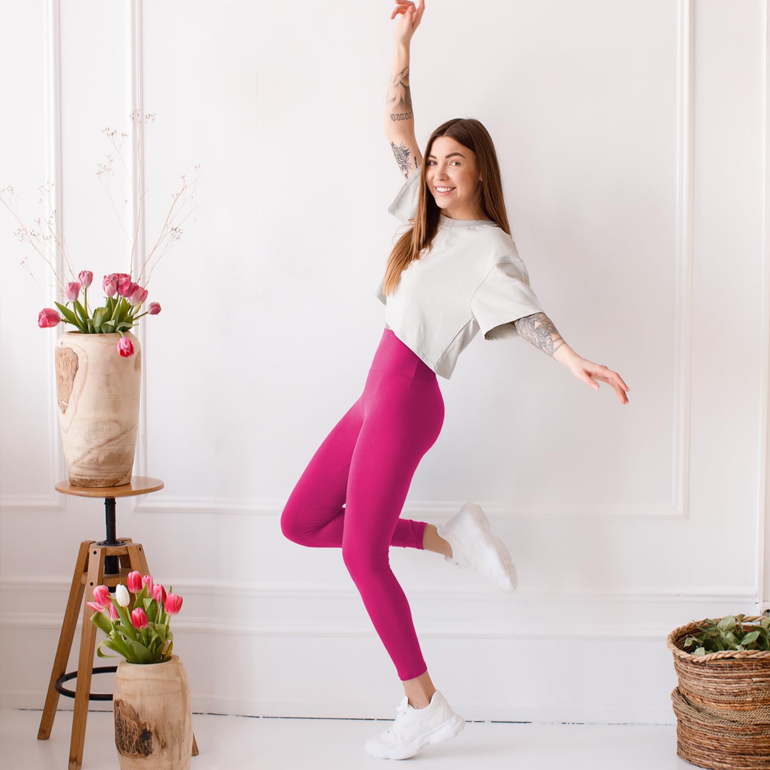 Stanpetix Leggings for Women - Women's High Waisted Workout Pants Running (Rose Pink,Full Length,L-XL)