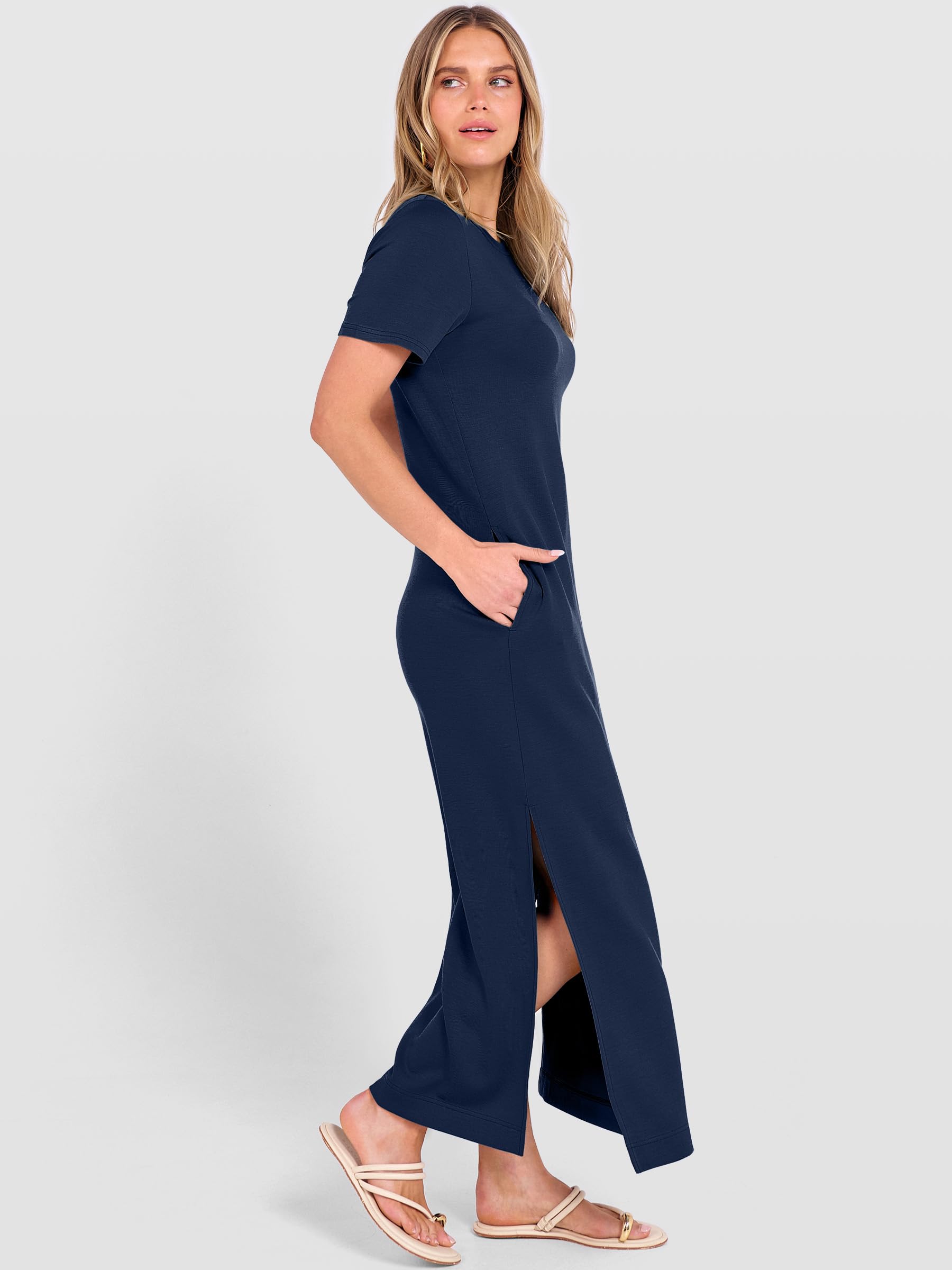 ANRABESS Womens Summer Casual Maxi Dress Short Sleeve Crewneck Split Wrinkle-Free Travel Long Sundress Beach Vacation Clothes Navy Blue Large