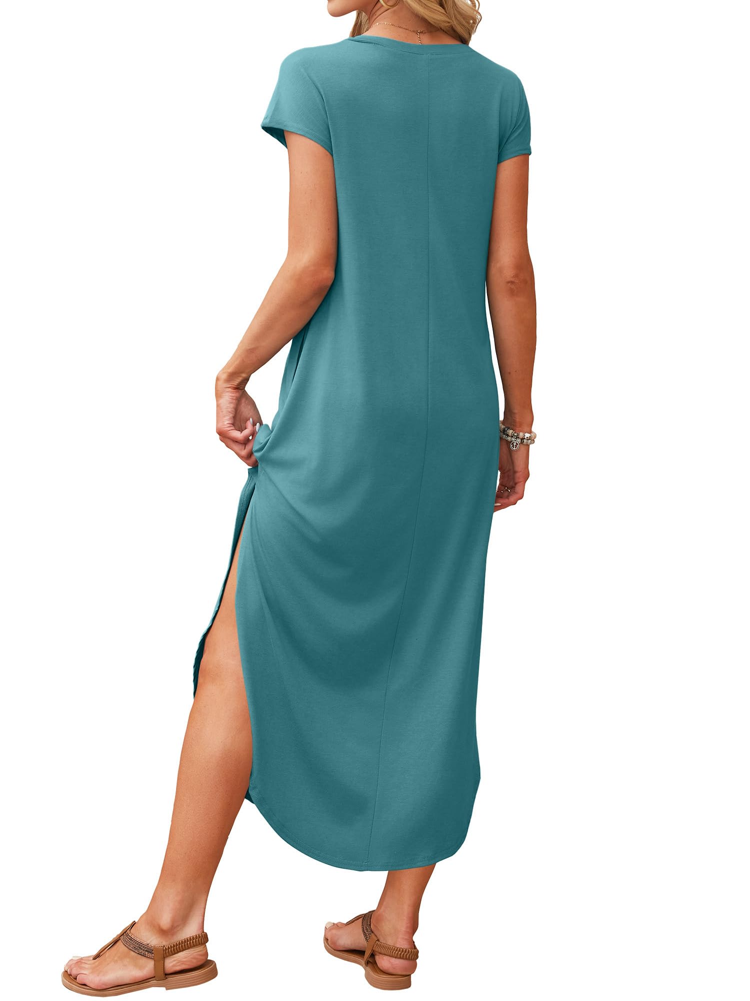 RUMIA Summer Casual Maxi Dresses for Women- Women's V Neck Cap Sleeve Long Sundress with Pockets Beach Vacation Turquoise