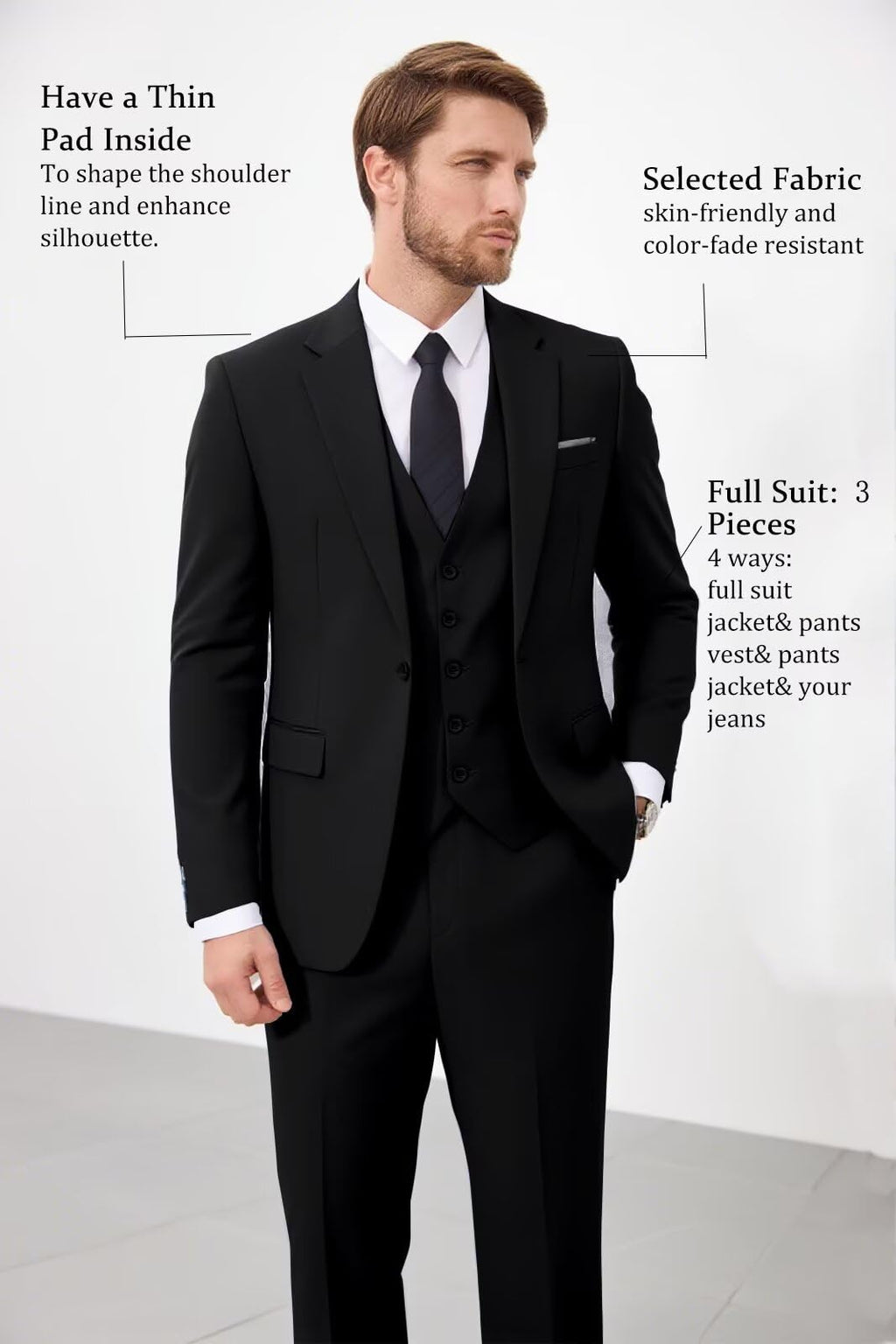 Black 3 Piece Slim Fit Suits for Men Wedding Classic Fit Suit Set for Groom Groomsmen, L