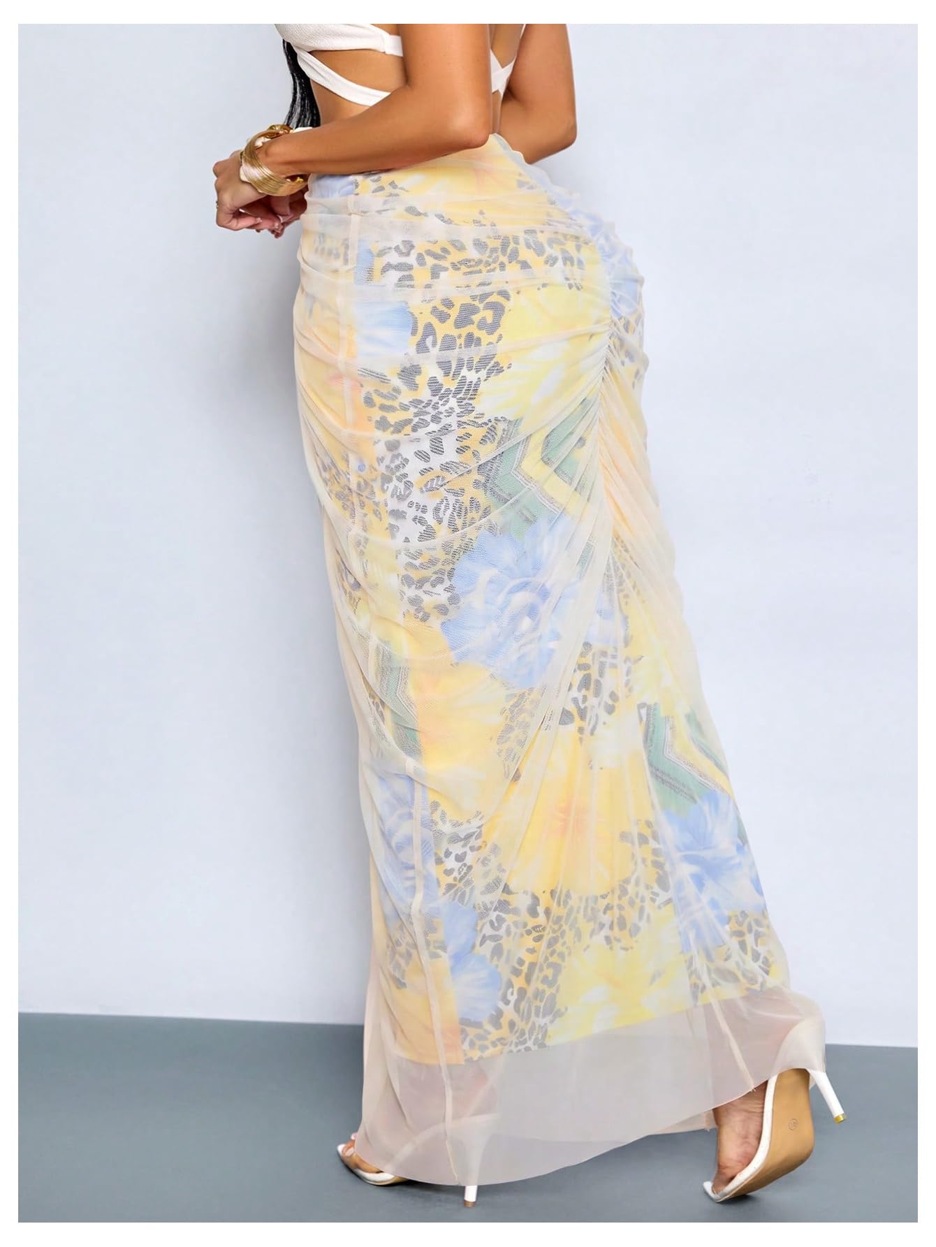 WDIRARA Women's Ruched Bodycon Maxi Skirt Cocktail Party High Waisted Long Fishtail Skirts Pale Yellow Small