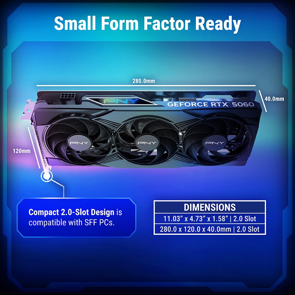 PNY NVIDIA GeForce RTX™ 5060 Epic-X™ ARGB OC Triple Fan, Graphics Card (8GB GDDR7, 128-bit, SFF-Ready, PCIe® 5.0, HDMI®/DP 2.1, 2-Slot, NVIDIA Blackwell Architecture, DLSS 4)