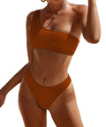 YIMISAN Womens Bikini Sets One Shoulder Top with Low Waisted Tankini Two Piece Bathing Suit Coffee