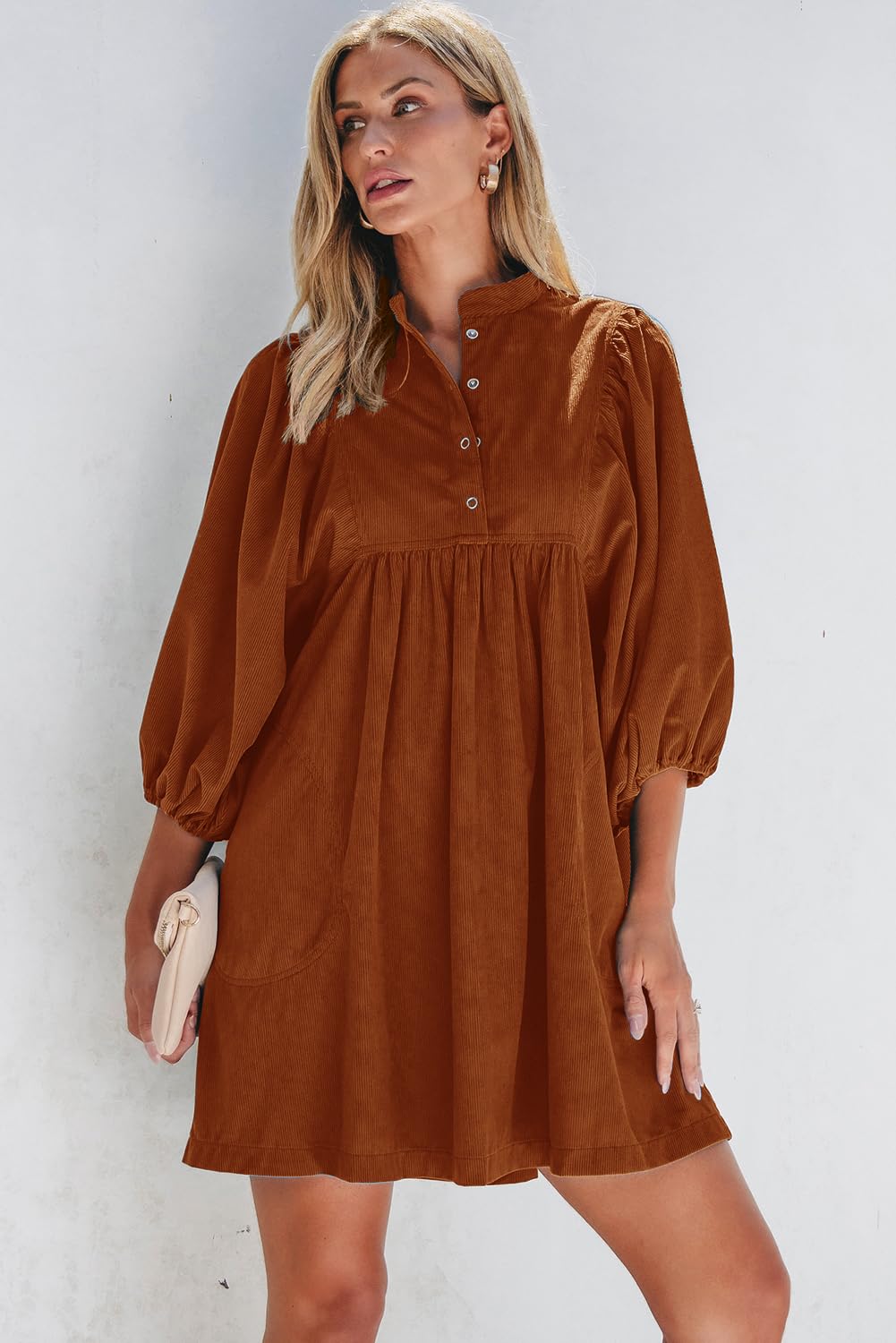 Opemiby Womens Casual Dresses Corduroy Button Up Empire Waist 3/4 Sleeve Fall Winter Mini Babydoll Dress Gold Flame L