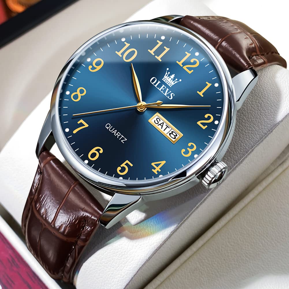 OLEVS Brown Leather Watch Men Blue Big Face Minimalist Simple Easy to Read Watches for Men Vintage Classic Business Casual Men’s Watch Day Date Analog Waterproof Extra Large Wrists Mens Watches