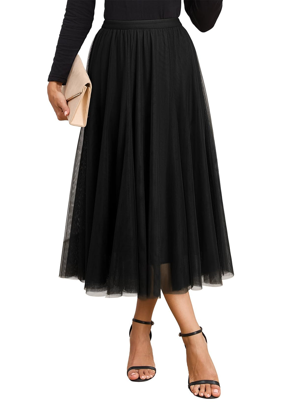 Happy Sailed Black Skirt for Women Elastic High Waisted A-Line Tulle Skirt Pleated Flowy Long Skirts Date Night Outfit Womens Clothes Black XL