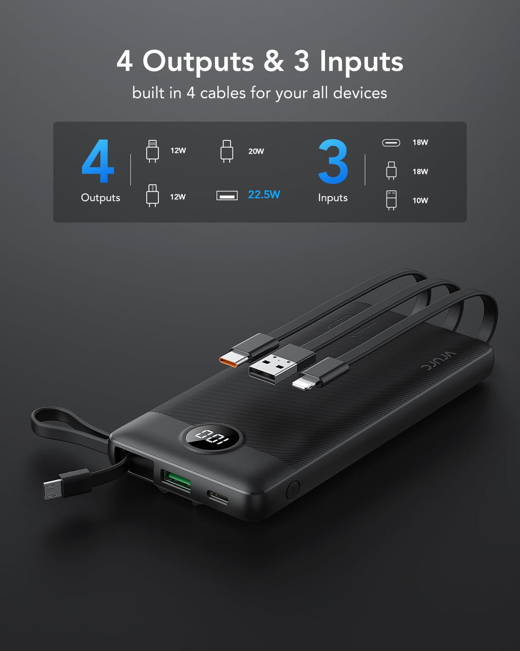 VRURC Portable Charger, 22.5W Fast Charging Power Bank Built‑in 4 Cables, 10000mAh Slim Lightweight Travel Battery Pack for iPhone, Samsung & Multi Devices, Pocket‑Friendly with Lanyard(1 Pack)
