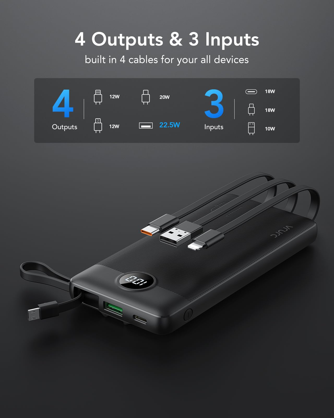 VRURC Portable Charger, 22.5W Fast Charging Power Bank Built‑in 4 Cables, 10000mAh Slim Lightweight Travel Battery Pack for iPhone, Samsung & Multi Devices, Pocket‑Friendly with Lanyard(1 Pack)