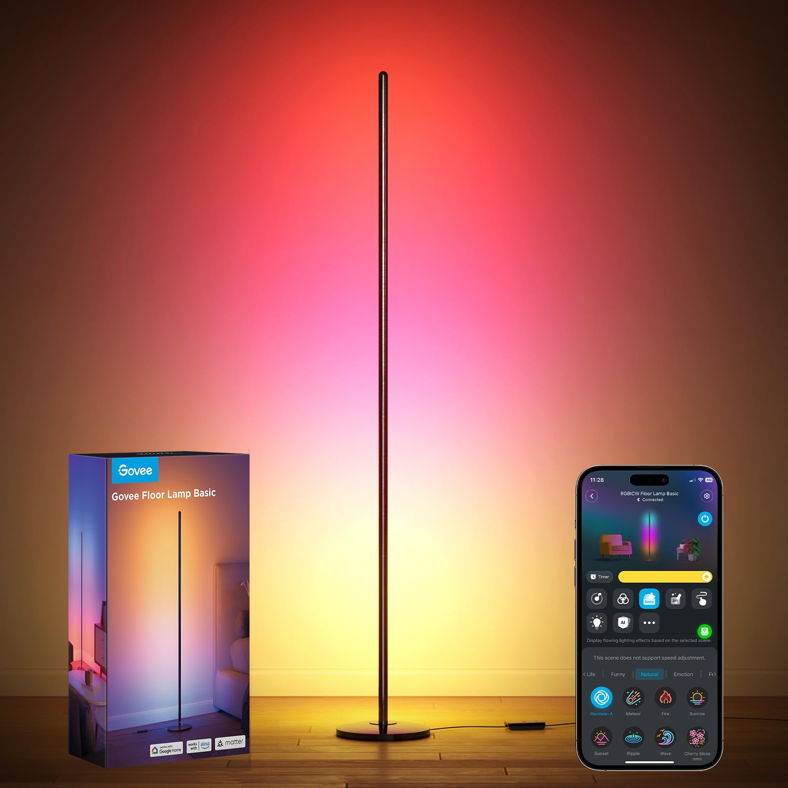 Govee RGBIC Floor Lamp Basic, LED Corner Lamp Compatible with SmartThings, Alexa, and Matter, Smart Modern Floor Lamp with Music Sync and 16 Million DIY Colors, Standing Lamp for Bedroom Living Room