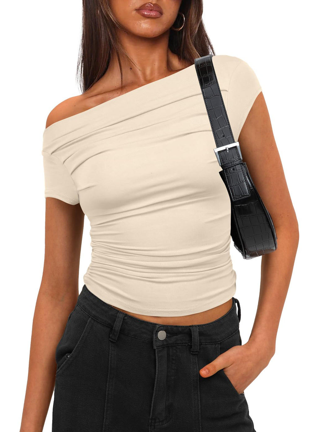 Darong Women's Classic Fit Short Sleeve Boat Neck T Shirt Y2K Tight Tshirts 9048 Light Beige L