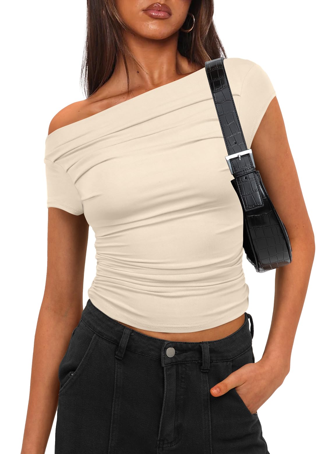 Darong Women's Classic Fit Short Sleeve Boat Neck T Shirt Y2K Tight Tshirts 9048 Light Beige L