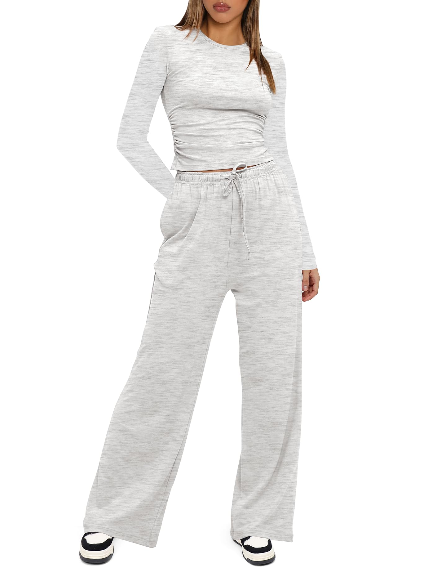 Darong Women's 2 Piece Lounge Sets Long Sleeve Tops Wide Leg Pants Casual Outfits Pajama Set Fall Collection 9065A White Grey M
