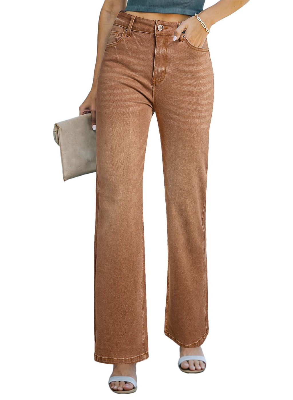Sidefeel Women's Wide Leg Jeans Casual High Waisted Straight Denim Pants with Pockets Brown Size 12