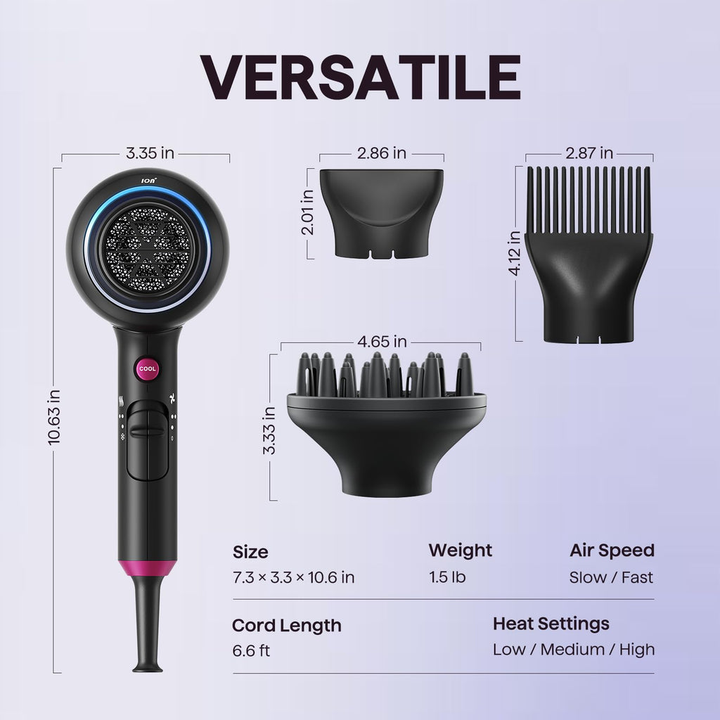 Wavytalk Hair Dryer with Diffuser, Blown Away Ionic Hair Dryer for Curly Hair with Comb, 1875W Fast Drying Blow Dryer with Ceramic Technology, 3 Attachments for All Hair Types, Light and Quiet, Black